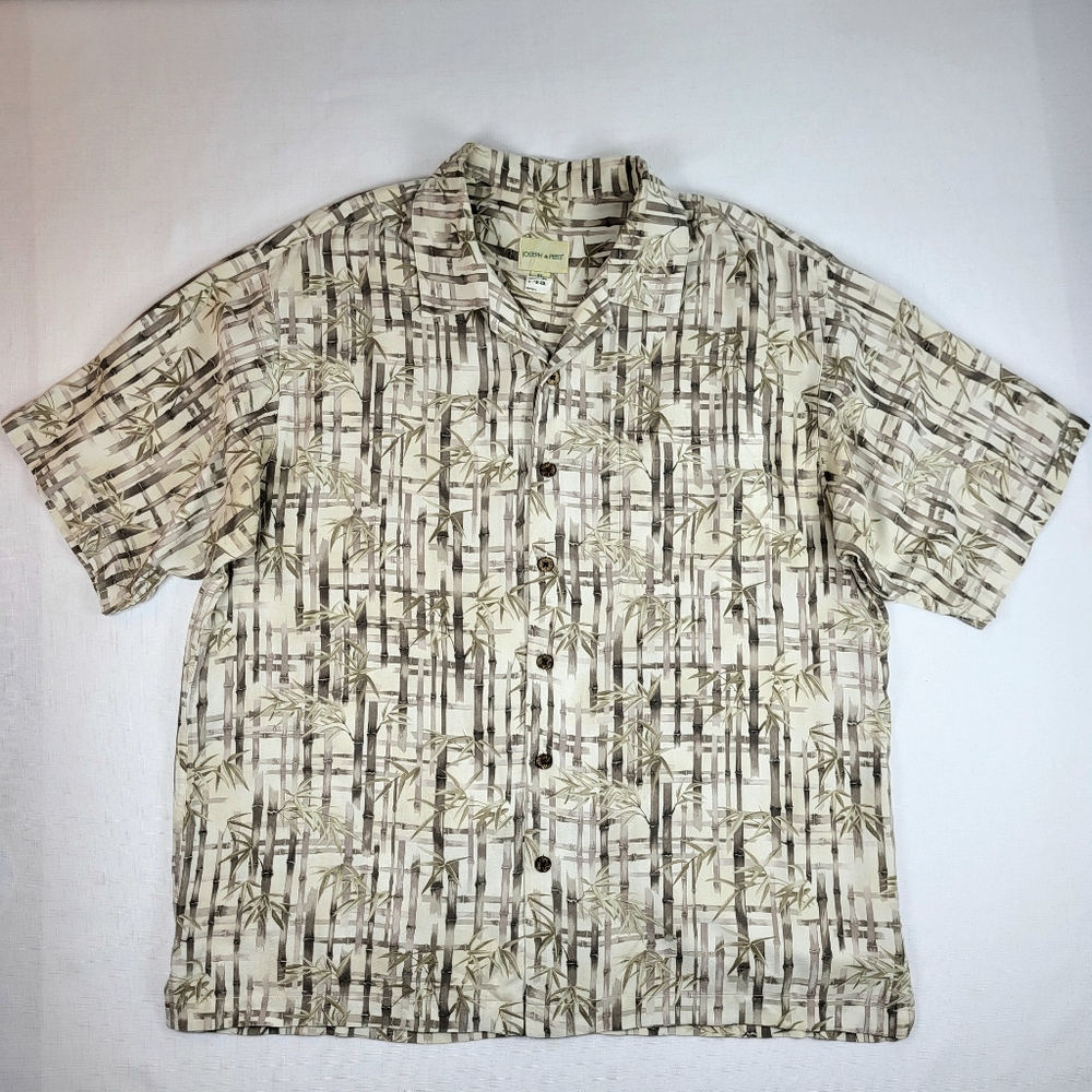 Joseph & Feiss Silk SHIRT Mens Size XL Bamboo Leaves Cream Khaki Short Sleeve